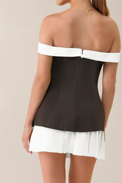 3D Flower Decor Cinch Waist Pleated Colorblock Mini Dresses-Black-Hayhty.All Rights Reserved.