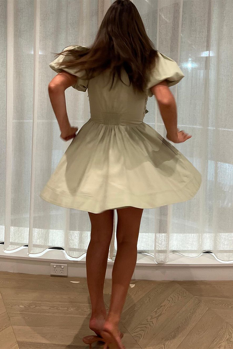 Deep V Neck Puff Sleeve Front Bow A-Line Mini Dresses-Green-Hayhty.All Rights Reserved.