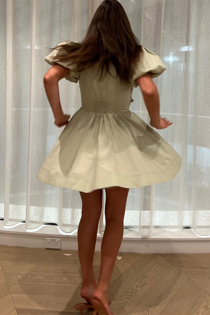 Deep V Neck Puff Sleeve Front Bow A-Line Mini Dresses-Green-Hayhty.All Rights Reserved.