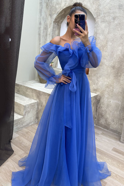 Ruffled Tulle Off Shoulder Tie Waist Prom Maxi Dresses-Hayhty.All Rights Reserved.