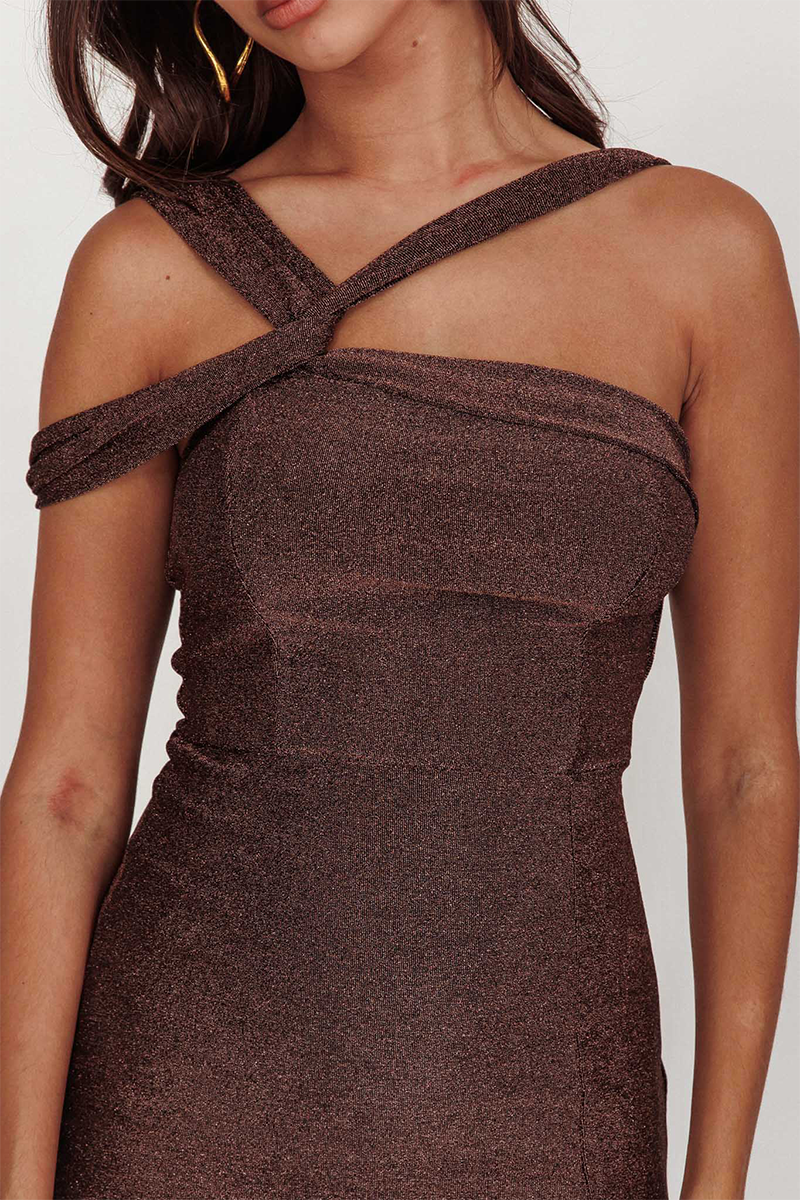 Asymmetrical Straps Bodycon Slit Glittering Midi Dresses-Brown-Hayhty.All Rights Reserved.