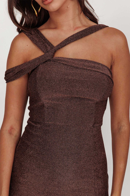 Asymmetrical Straps Bodycon Slit Glittering Midi Dresses-Brown-Hayhty.All Rights Reserved.