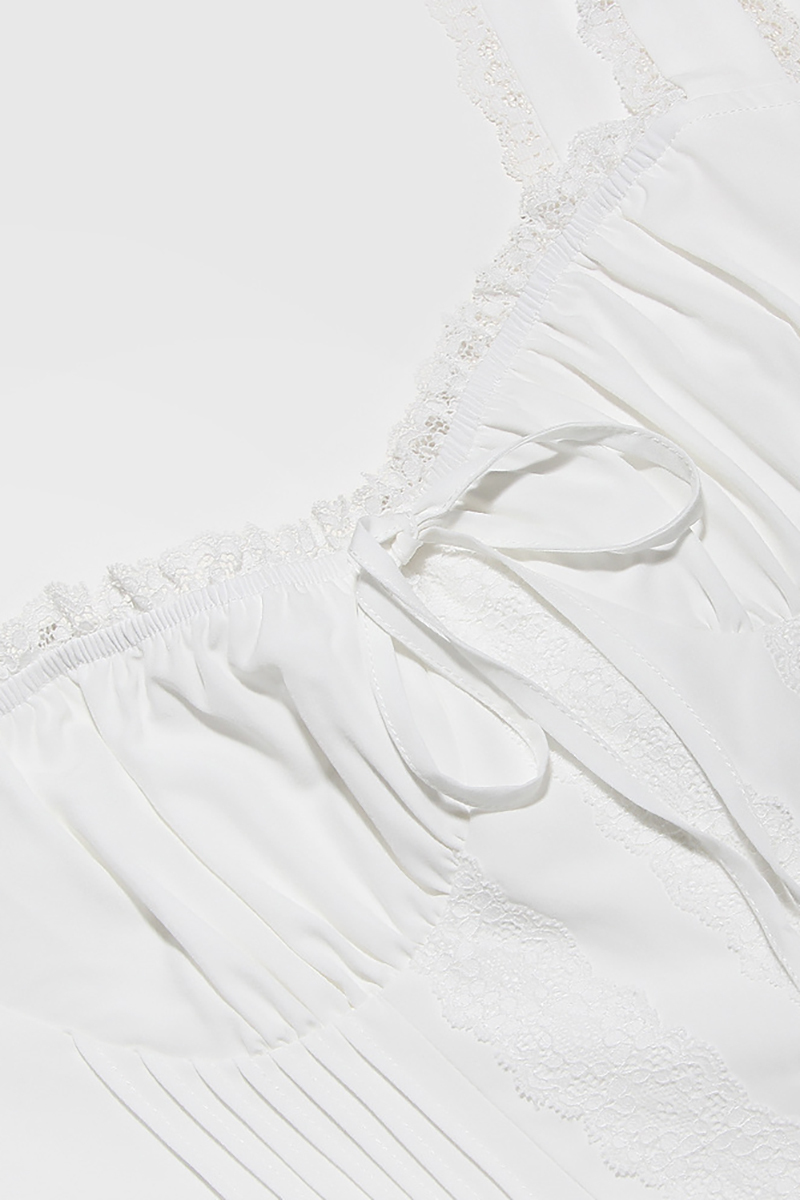 A-line White Boat Neck Tied Up Cami Backless Lace Up Pleated Embroidery Hem Mini Dresses-Hayhty.All Rights Reserved.
