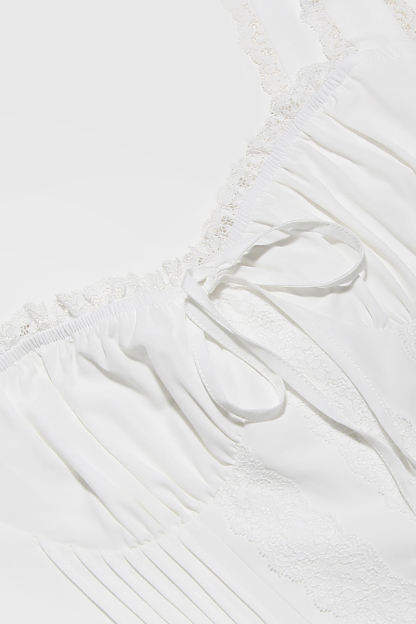 A-line White Boat Neck Tied Up Cami Backless Lace Up Pleated Embroidery Hem Mini Dresses-Hayhty.All Rights Reserved.