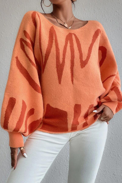 Knit Pattern Print Balloon Sleeve Sweater-Blue-Hayhty.All Rights Reserved.