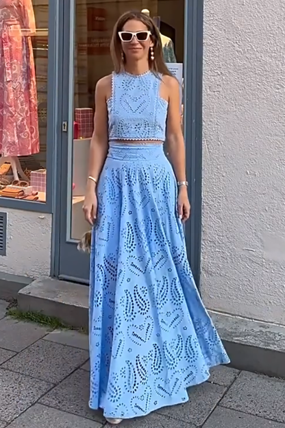 Hollow Out Pattern Sleeveless Crop Top High Waist Maxi Skirt Matching Set-Blue-Hayhty.All Rights Reserved.