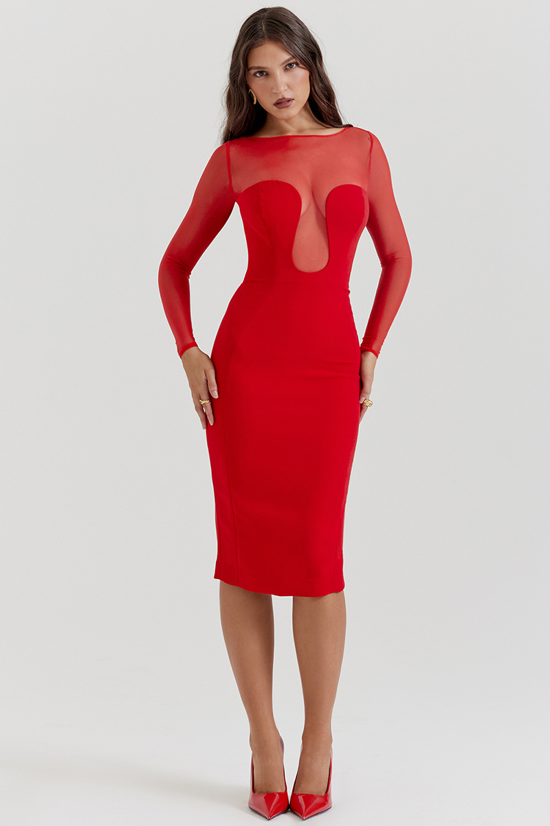Mesh Patchwork Long Sleeve Irregular Corset Bodycon Midi Dresses-Red-Hayhty.All Rights Reserved.