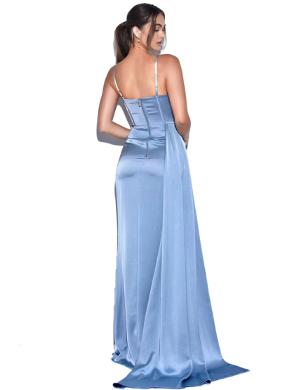 High Slit Irregular Neckline Satin Gown Slip Maxi Dresses-Hayhty.All Rights Reserved.