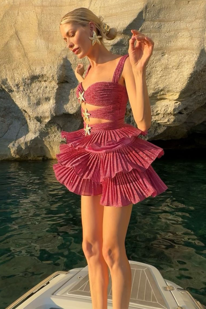 Metal Starfish Cutout Tiered Pleated Slip Mini Dresses-Fuchsia-Hayhty.All Rights Reserved.
