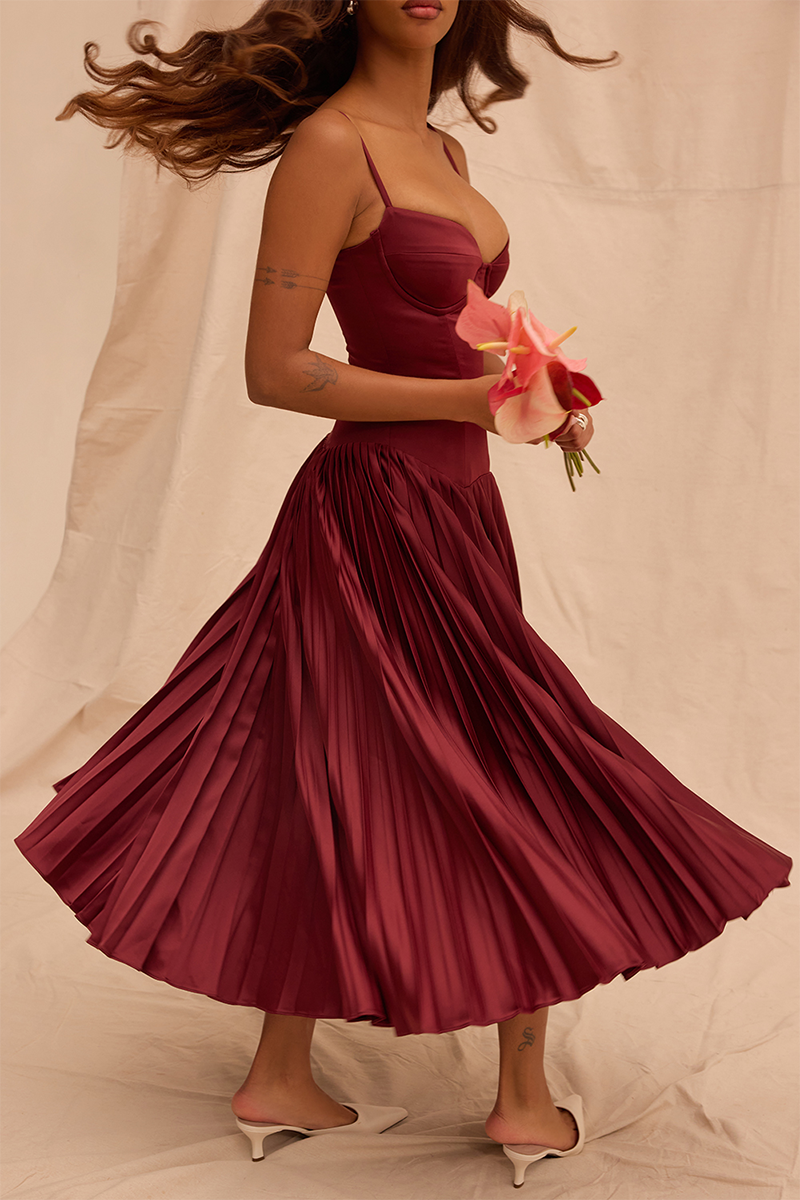 Irregular Neck Corset A-Line Pleated Hem Satin Slip Midi Dresses-Burgundy-Hayhty.All Rights Reserved.