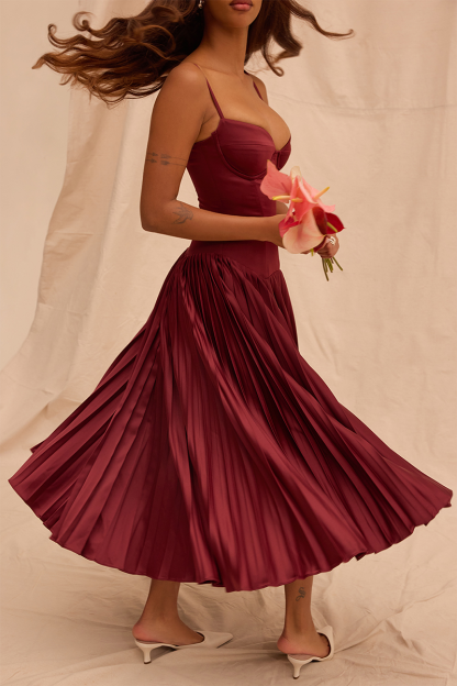 Irregular Neck Corset A-Line Pleated Hem Satin Slip Midi Dresses-Burgundy-Hayhty.All Rights Reserved.