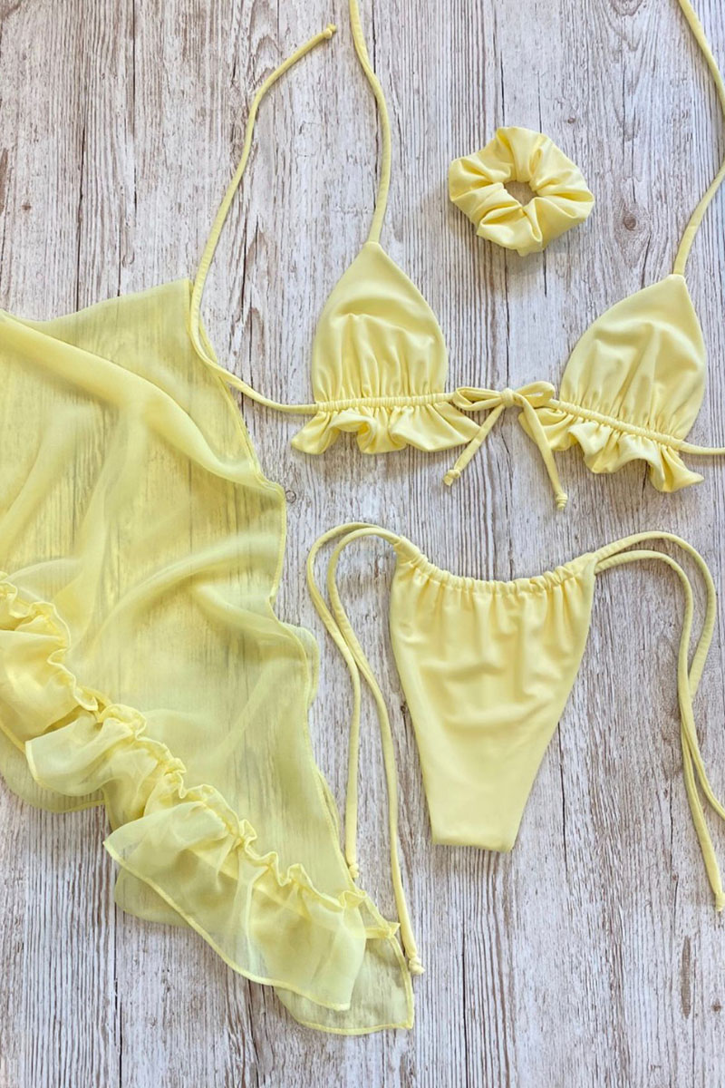 Ruffled Trim Sheer Mesh Cover Up Tie Straps Bikini-Hayhty.All Rights Reserved.