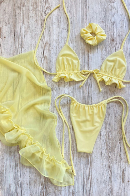 Ruffled Trim Sheer Mesh Cover Up Tie Straps Bikini-Hayhty.All Rights Reserved.