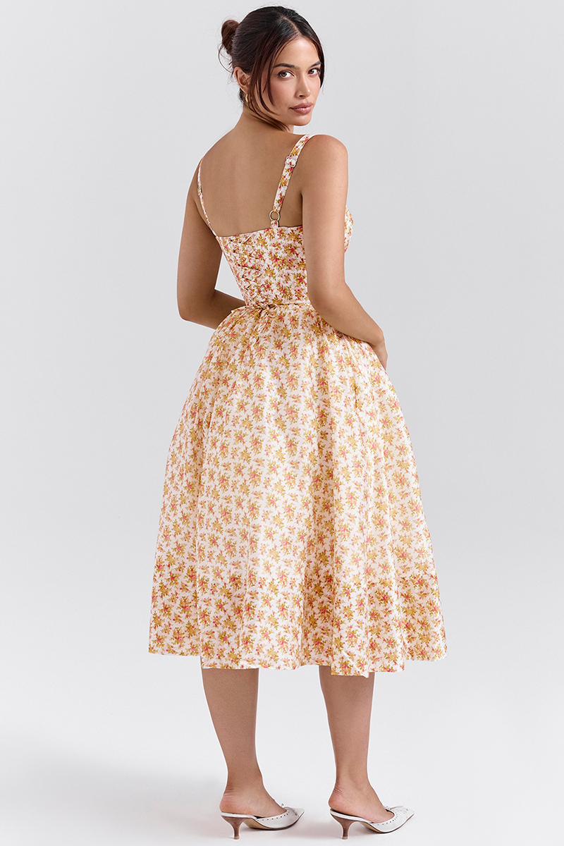 Floral Print Corset Lace Up Split Vacation Midi Dresses-Yellow-Hayhty.All Rights Reserved.