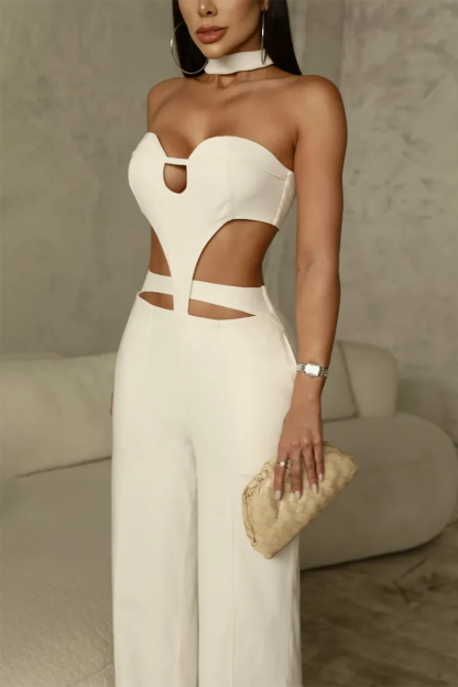 Sleeveless Halter Neck Cutout Wide Leg Irregular Jumpsuit-Ivory-Hayhty.All Rights Reserved.