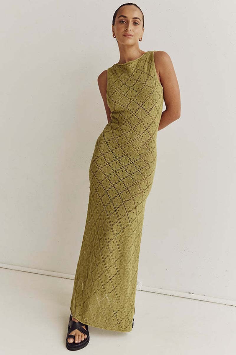 Hollow Out Boat Neck Sleeveless Knitted Bodycon High Slit Cover Up White Maxi Dresses-Hayhty.All Rights Reserved.