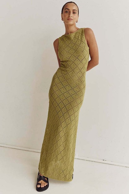 Hollow Out Boat Neck Sleeveless Knitted Bodycon High Slit Cover Up White Maxi Dresses-Hayhty.All Rights Reserved.