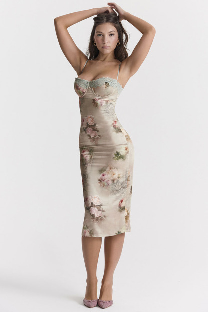 Floral Print Lace Trim Bustier Cocktail Party Cami Midi Dresses-Hayhty.All Rights Reserved.