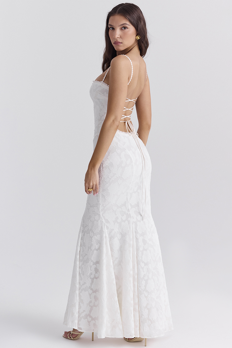 Jacquard Lace Back Lace Up Fishtail Hem Slip Maxi Dresses-White-Hayhty.All Rights Reserved.