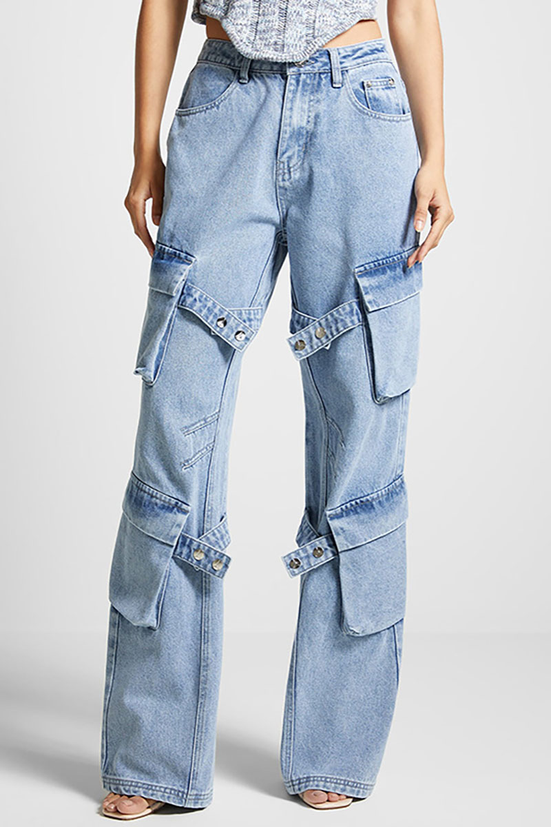 Straight Leg Pockets Daily Denim Jeans-Blue-Hayhty.All Rights Reserved.