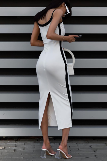 Colorblock Slim Fit Back Slit Hem Slip Midi Dresses-White-Hayhty.All Rights Reserved.
