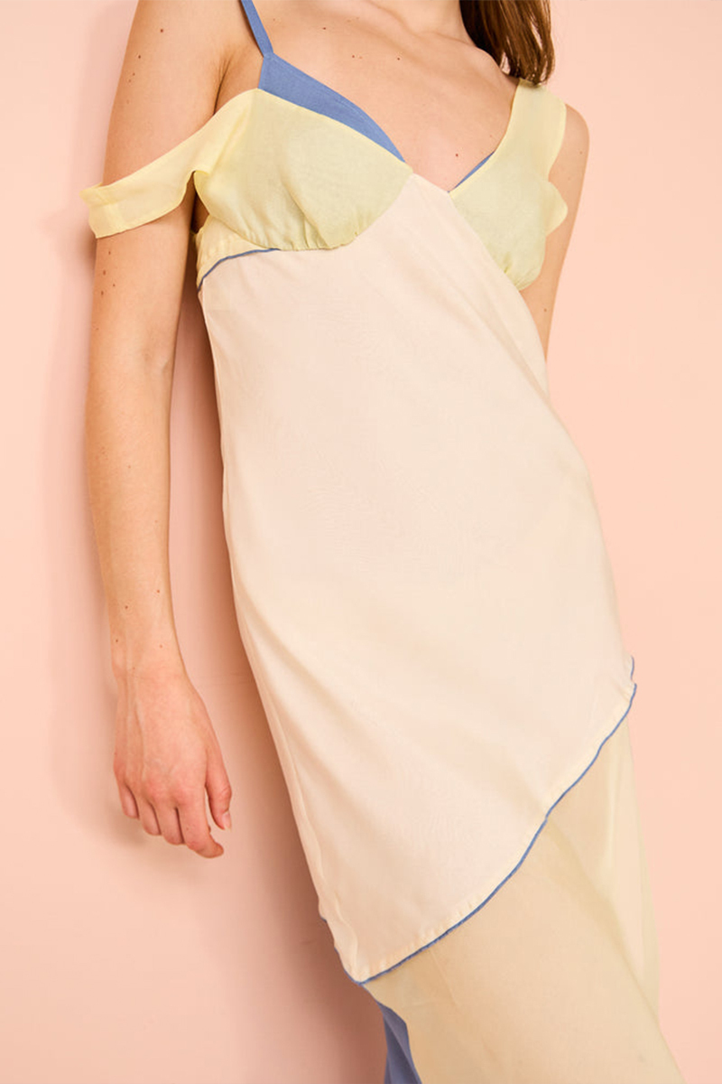 Colorblock Patchwork Slit Hem Sleeveless Maxi Dresses-Yellow-Hayhty.All Rights Reserved.