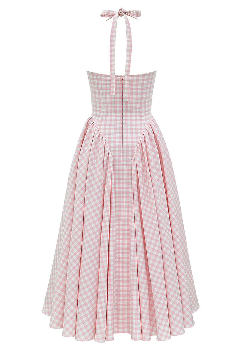 Plaid Print Halter Deep V Neck A-Line Midi Dresses-Pink-Hayhty.All Rights Reserved.