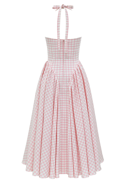 Plaid Print Halter Deep V Neck A-Line Midi Dresses-Pink-Hayhty.All Rights Reserved.