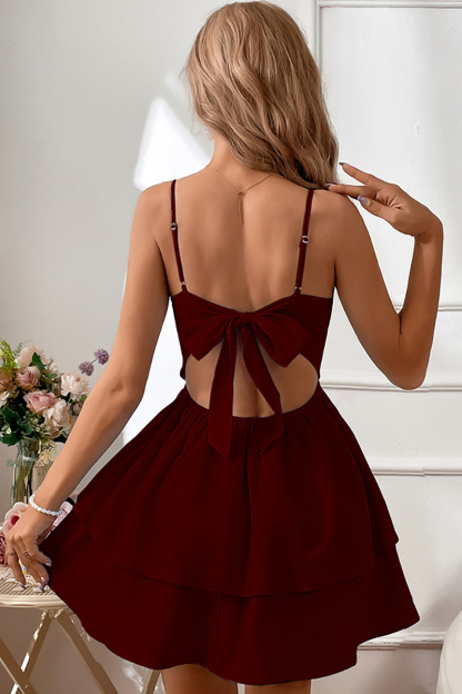 Cami Boat Neck Backless Cutout Bow Knotted Tiered Ruffle White Mini Dresses-Hayhty.All Rights Reserved.