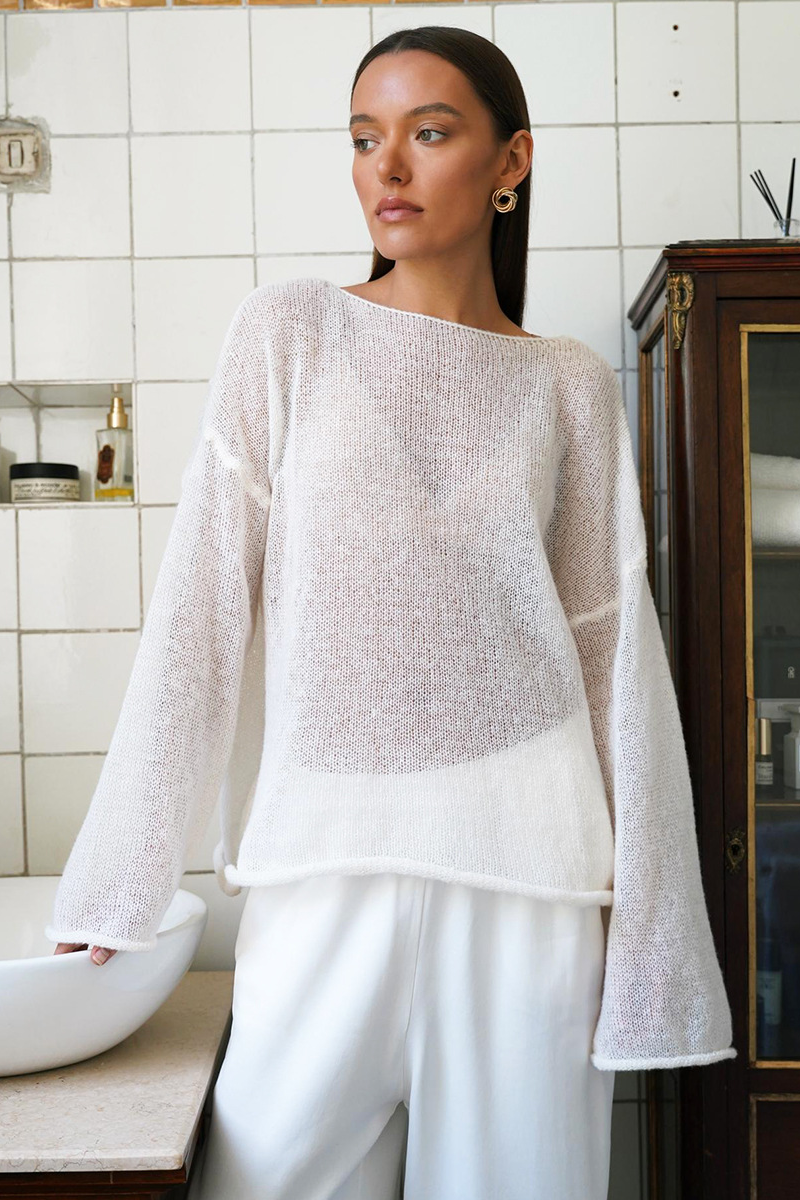 See Through Knit Flare Sleeve Loose Fit Solid Color Top-White-Hayhty.All Rights Reserved.