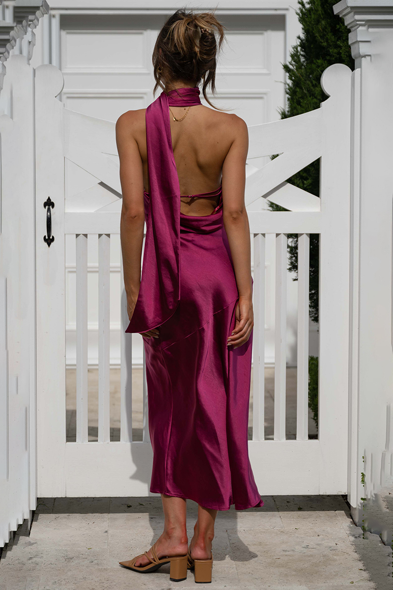 High Halter Open Back Slit Midi Dresses-Hayhty.All Rights Reserved.