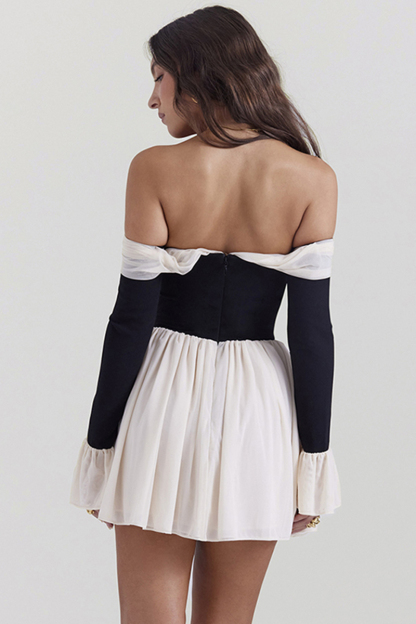 Off Shoulder Long Flare Sleeve Patchwork Knotted Pleated Hem Party Mini Dresses-White-Hayhty.All Rights Reserved.