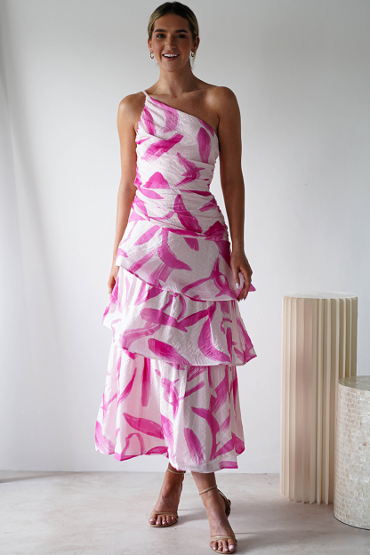 Pattern Print Tiered Hem One Shoulder Midi Dresses-Pink-Hayhty.All Rights Reserved.