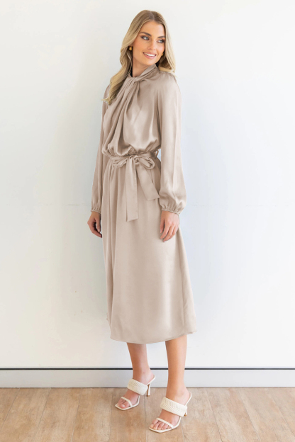 Ruched Knotted Long Sleeve Satin Midi Dresses-Hayhty.All Rights Reserved.