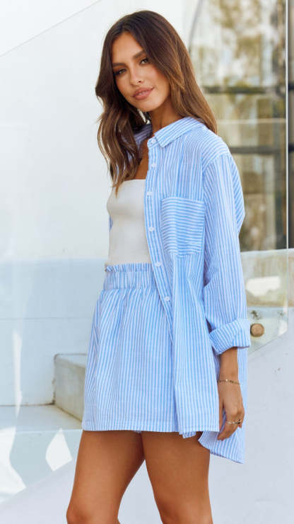 Relaxed Fit Button Up Shirt Set-Pink/Blue Stripe-Hayhty.All Rights Reserved.
