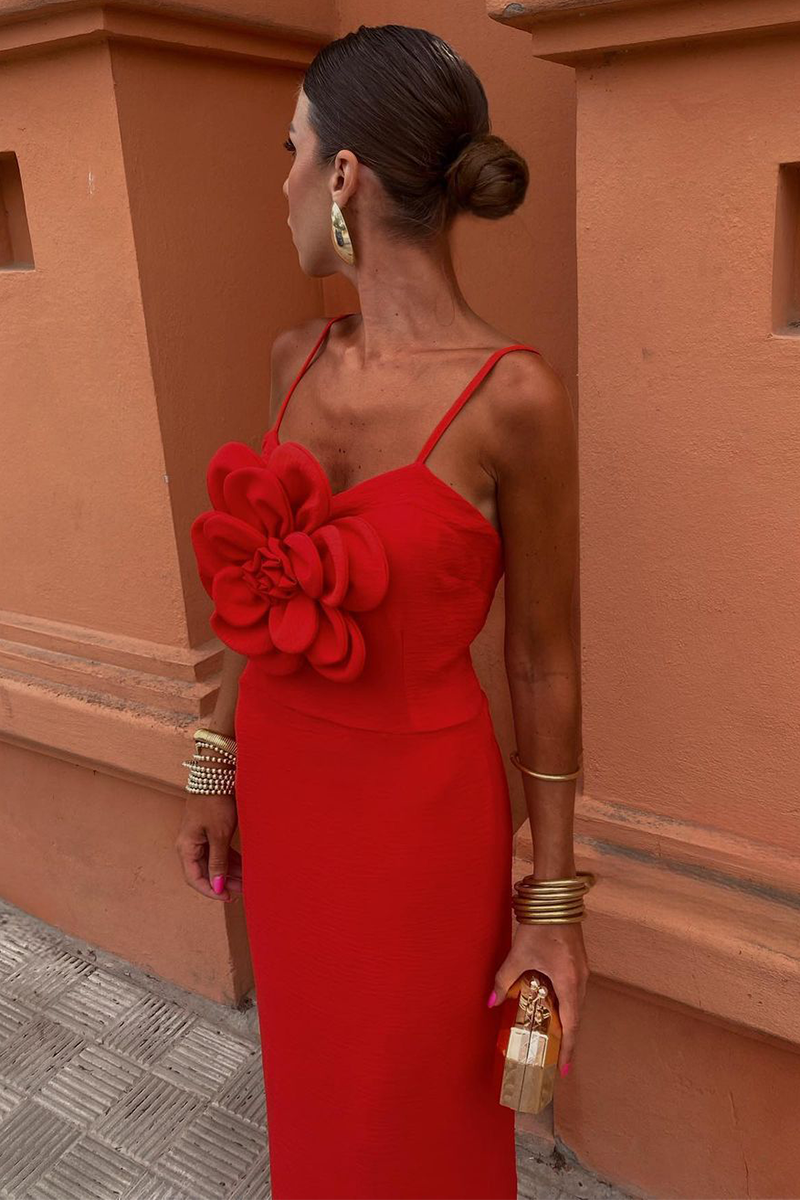3D Flower Decor Solid Color Gowns Slip Maxi Dresses-Red-Hayhty.All Rights Reserved.