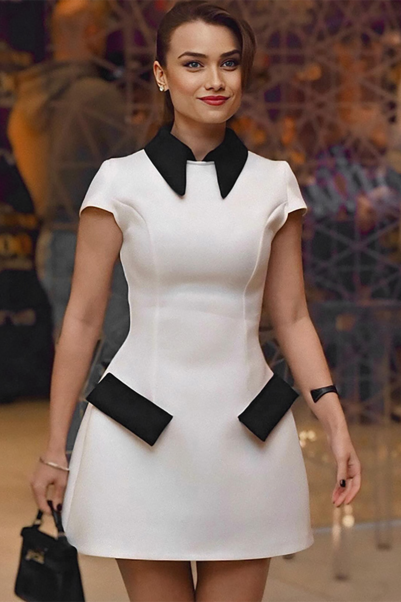 Turndown Collar Short Sleeve Cinch Waist Colorblock Mini Dresses-White-Hayhty.All Rights Reserved.