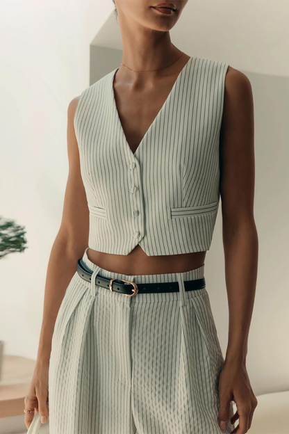 Striped Print V Neck Crop Waistcoat Wide Leg Pants Matching Set-White-Hayhty.All Rights Reserved.