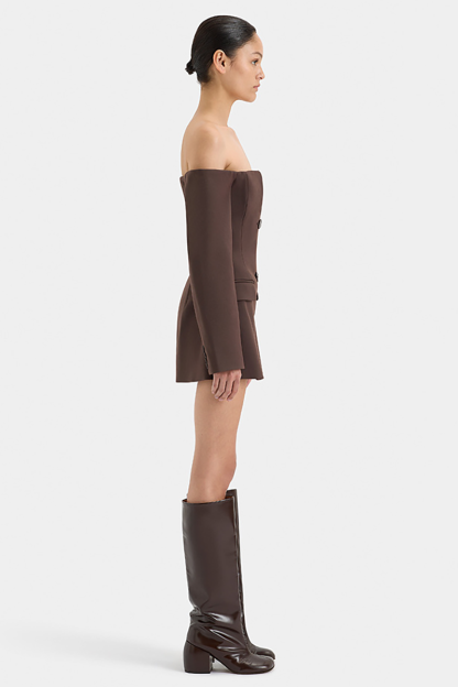 Off Shoulder Long Sleeve Button Up Slim Fit Mini Dresses-Beige-Hayhty.All Rights Reserved.