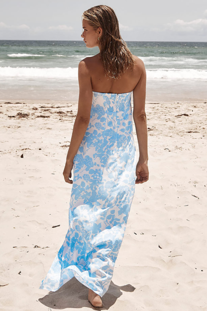 Floral Print Boat Neck Loose Fit Vacation Maxi Tube Dresses-Blue-Hayhty.All Rights Reserved.