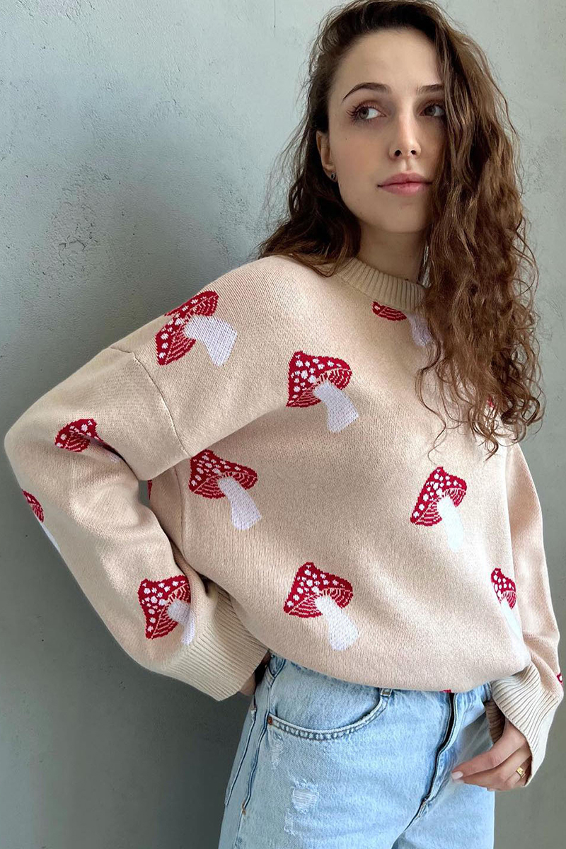 Mushroom Jacquard Pattern Round Neck Long Sleeve Loose Fit Sweater-Black-Hayhty.All Rights Reserved.