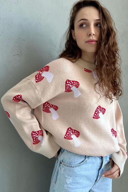 Mushroom Jacquard Pattern Round Neck Long Sleeve Loose Fit Sweater-Black-Hayhty.All Rights Reserved.