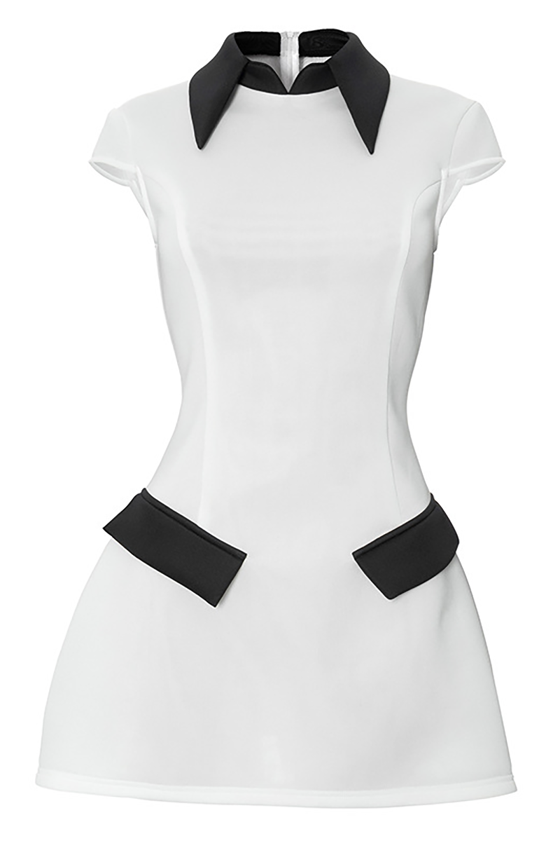 Turndown Collar Short Sleeve Cinch Waist Colorblock Mini Dresses-White-Hayhty.All Rights Reserved.