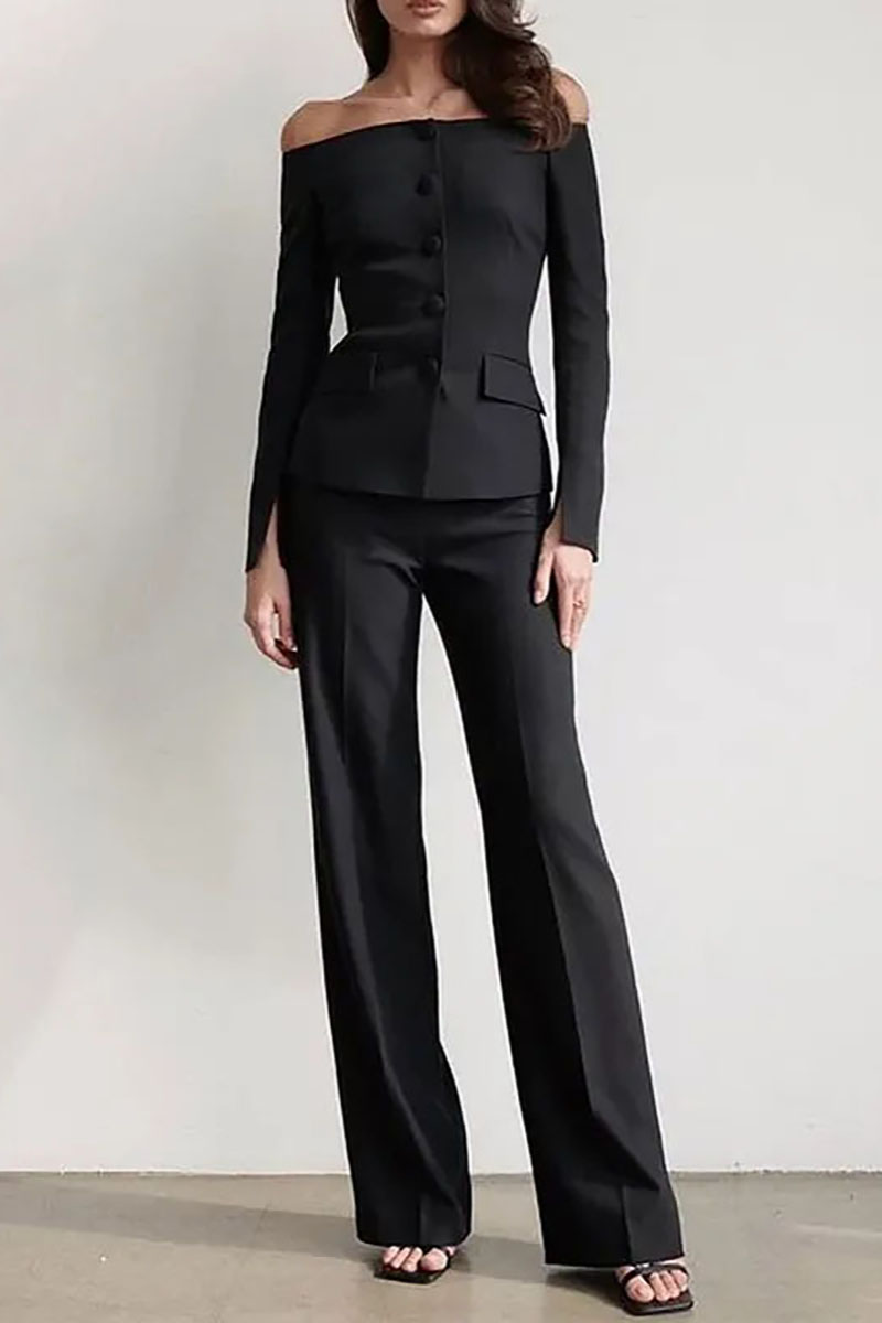 Off Shoulder Long Sleeve Button Up Top Straight Leg Pants Matching Set-Black-Hayhty.All Rights Reserved.
