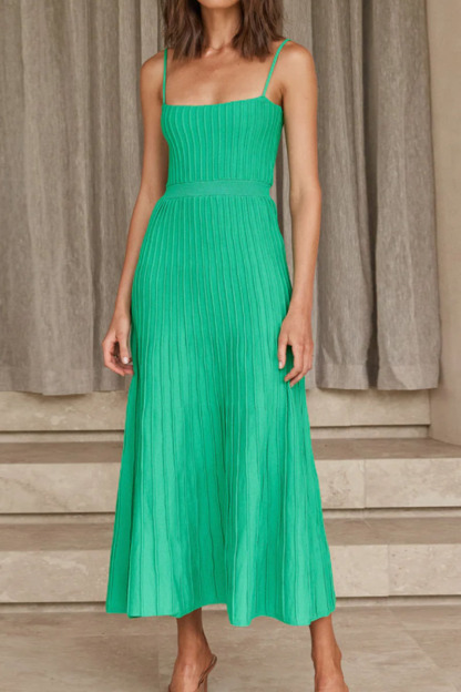 Knit Boat Neck Spaghetti Strap A-Line Vacation Midi Dress-Hayhty.All Rights Reserved.