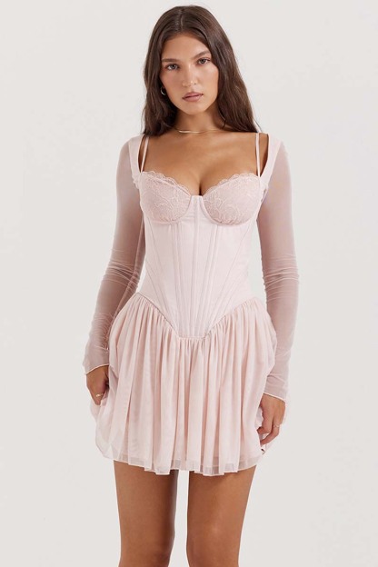 Mesh Long Sleeve Corset A-Line Pleated Ballet Style Mini Dresses-Hayhty.All Rights Reserved.