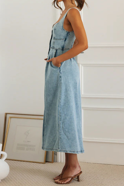 Irregular Neck Cinch Waist Button Up Denim Slip Midi Dresses-Blue-Hayhty.All Rights Reserved.