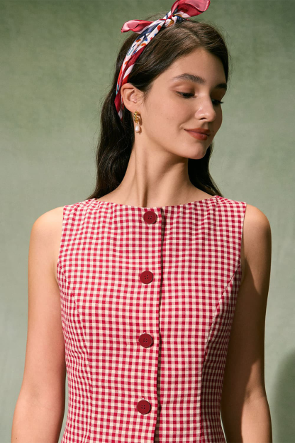 Plaid Pattern Button Up A-Line Mini Tank Dresses-Red-Hayhty.All Rights Reserved.