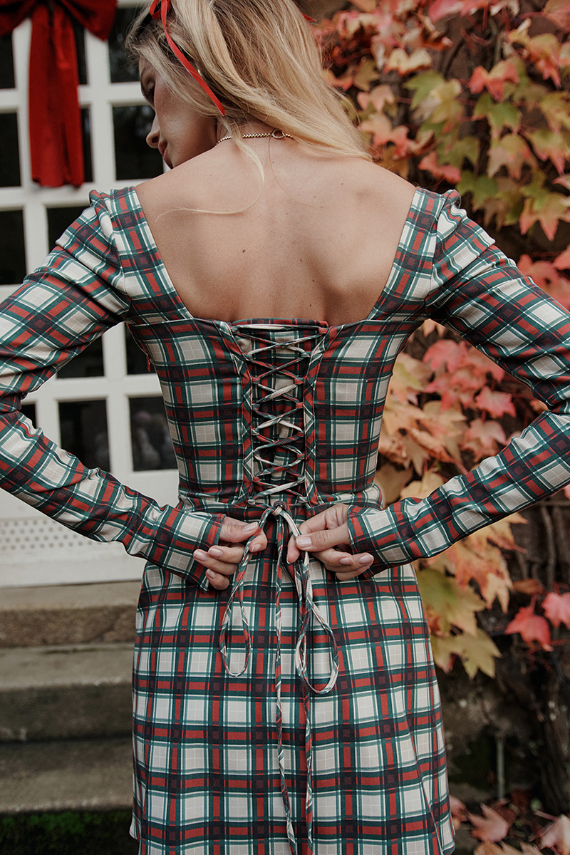 Long Sleeve Square Neck Lace Up Plaid Print Mini Dresses-Red-Hayhty.All Rights Reserved.