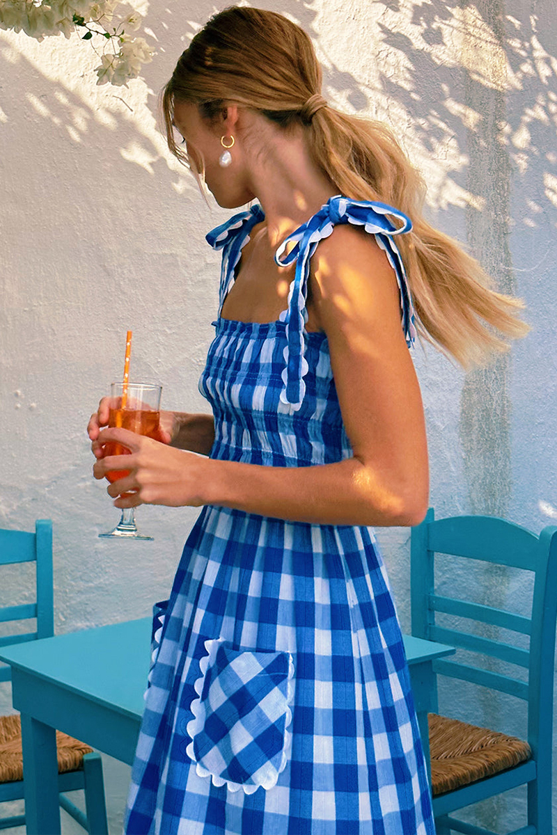 Plaid Pattern Tie Up Wide Straps Pocket A-Line Maxi Dresses-Blue-Hayhty.All Rights Reserved.